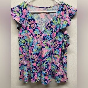 Lilly Pulitzer Floral Ruffle Top - Pink, Blue, Green